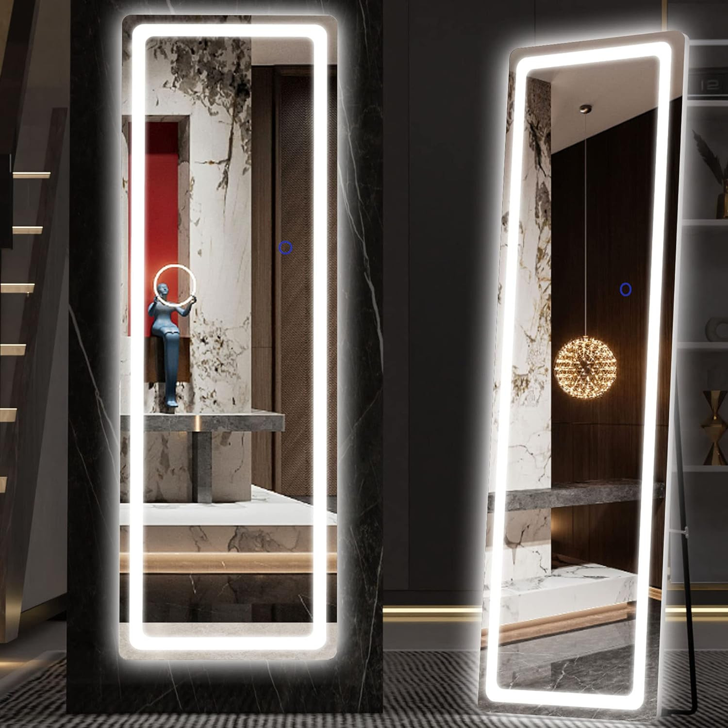 Hasipu Full Length Mirror with Lights, 56" x 16" Lighted Floor Standing LED Full Body Mirror w/Di... | Amazon (US)