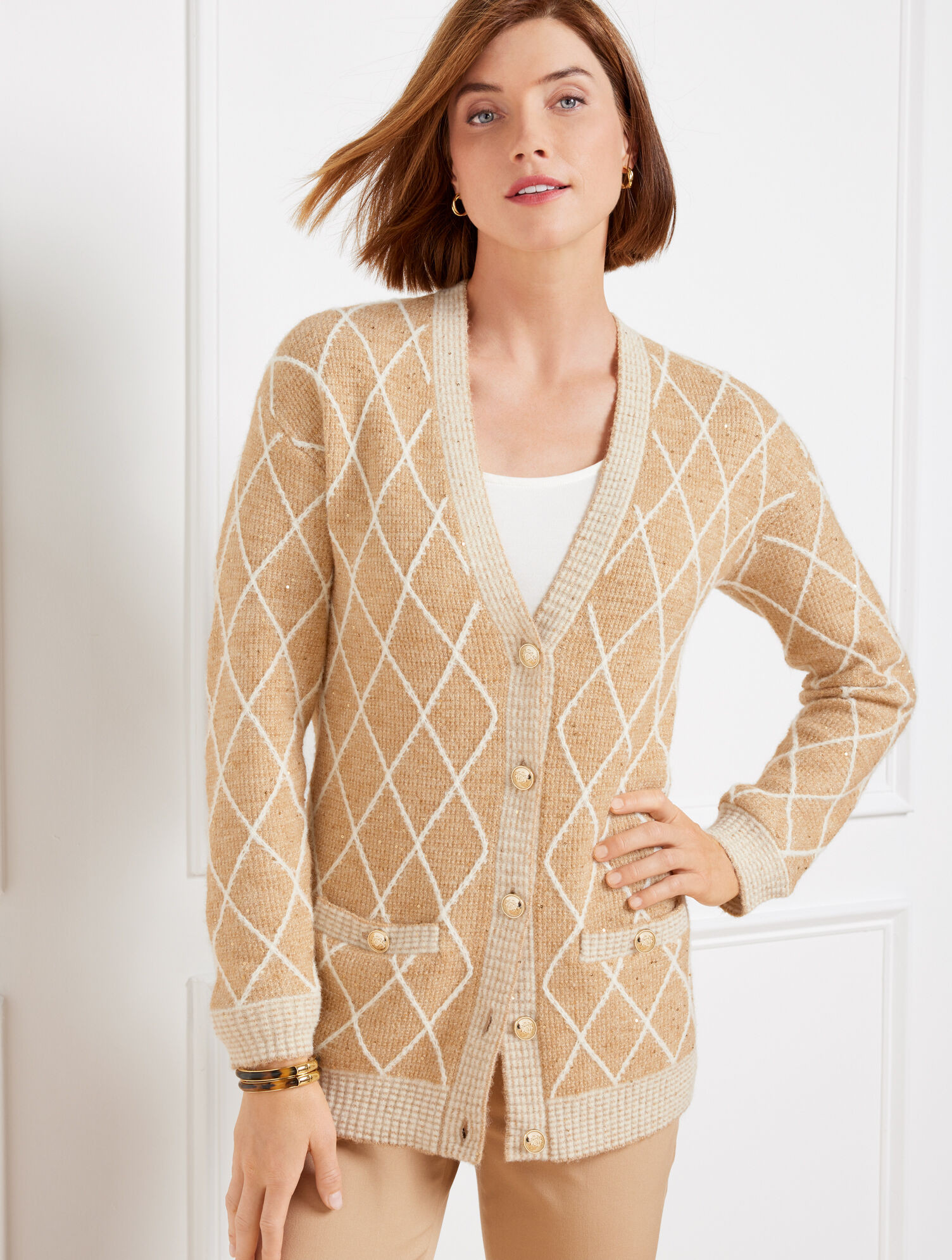 Sequin Argyle V-Neck Cardigan | Talbots