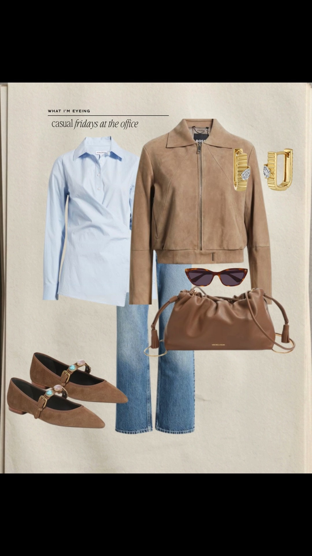 Nordstrom anniversary business casual outfit idea. Jeans, denim, transitional outfit , crossbody bag, suede ballet flats, suede jacket, blue pipeline

#LTKootd #LTKWorkwear #LTKOver40
