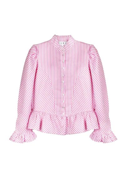Peplum Puff Sleeve Button Down - Pink Stripe | Shop BURU