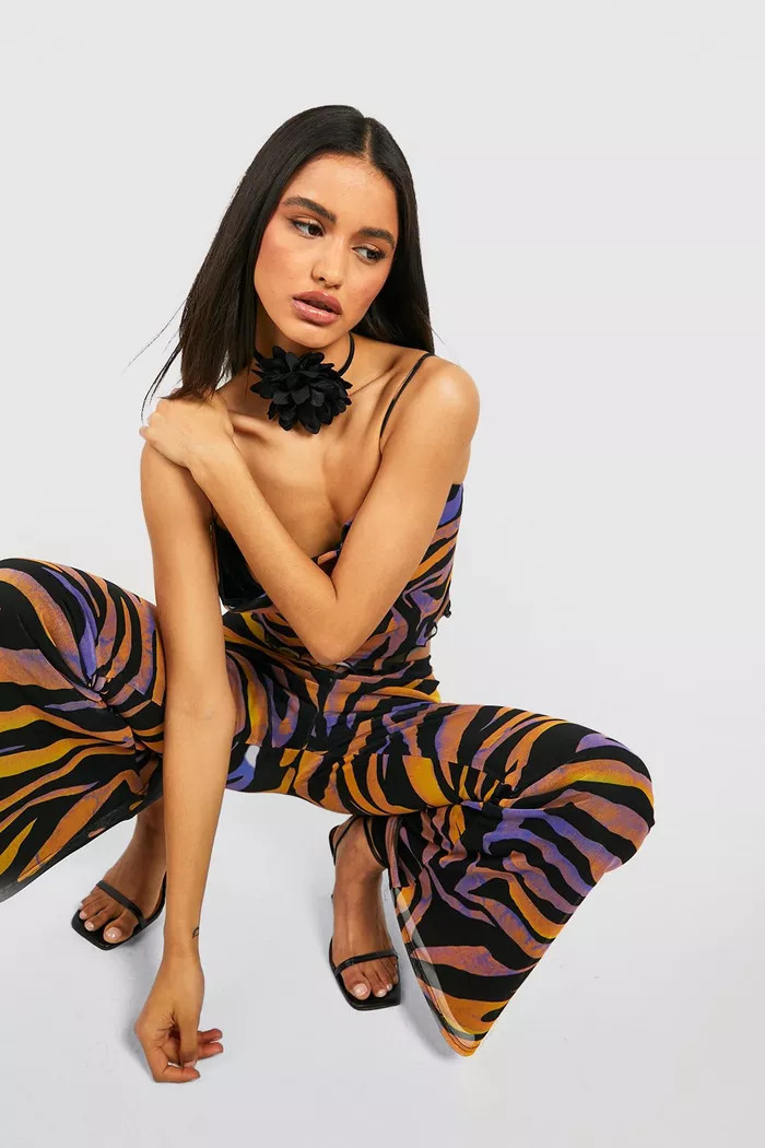 Mesh Zebra Print Flared Pants | Boohoo.com (US & CA)