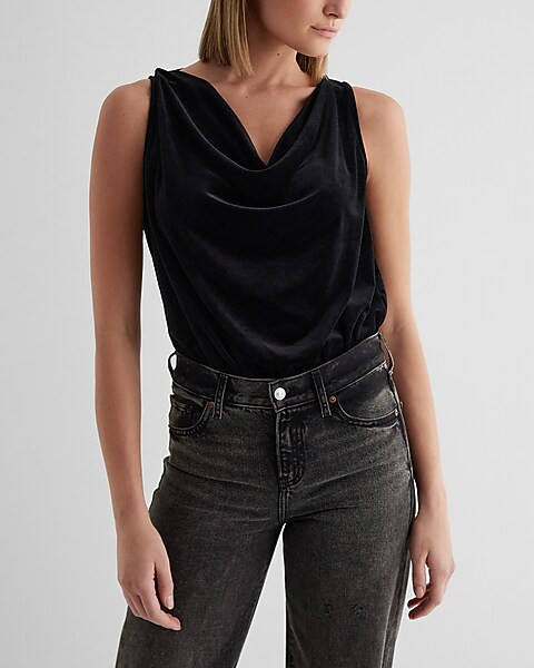Skimming Velvet Double Cowl Neck Sleeveless Bodysuit | Express