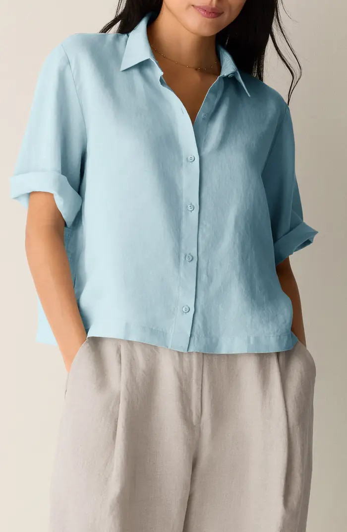 Classic Collar Elbow Sleeve Organic Linen Button-Up Shirt | Nordstrom