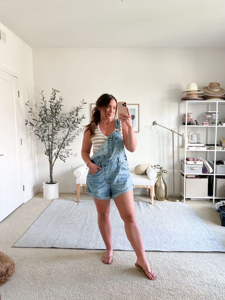 Loves some denim shortalls, super cute as a swimsuit cover up but love them with a casual tank top! Wearing a large, medium are more fitted all around, prefer a looser form 

Necklace use code BRITTANYANN20 

#LTKSeasonal #LTKmidsize