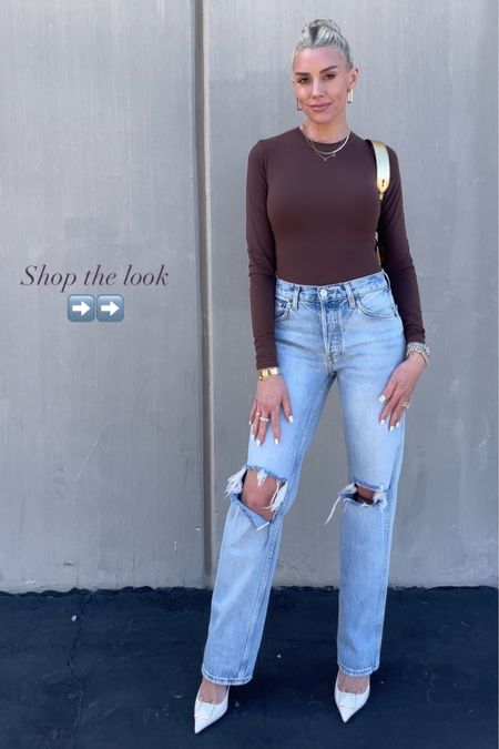 Shop the look selling Sunset star Heather El Moussa distressed high rise straight leg jeans, brown long sleeve bodysuit, one stud patent white point toe pumps

#LTKfindsunder100 #LTKstyletip