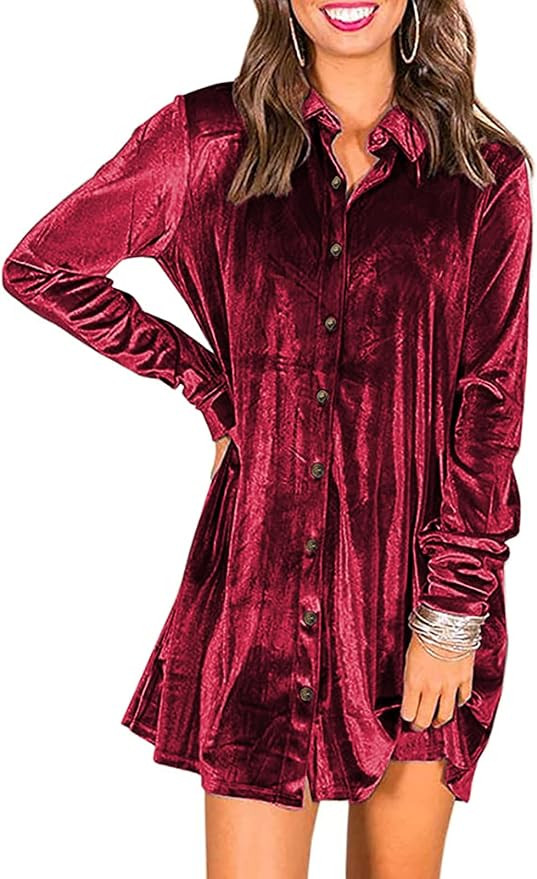 Ivay Women's Spring Button Down Tshirt Dresses Velvet Tunic Dress with Pockets | Amazon (US)