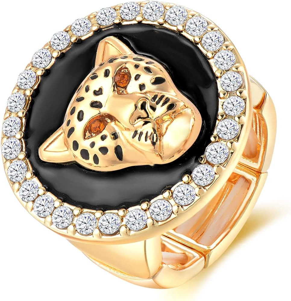 Hip Hop Gold Adjustable Leopard Head Ring Statement Colorful Enamel Stretch Crystal Panther Finge... | Amazon (US)