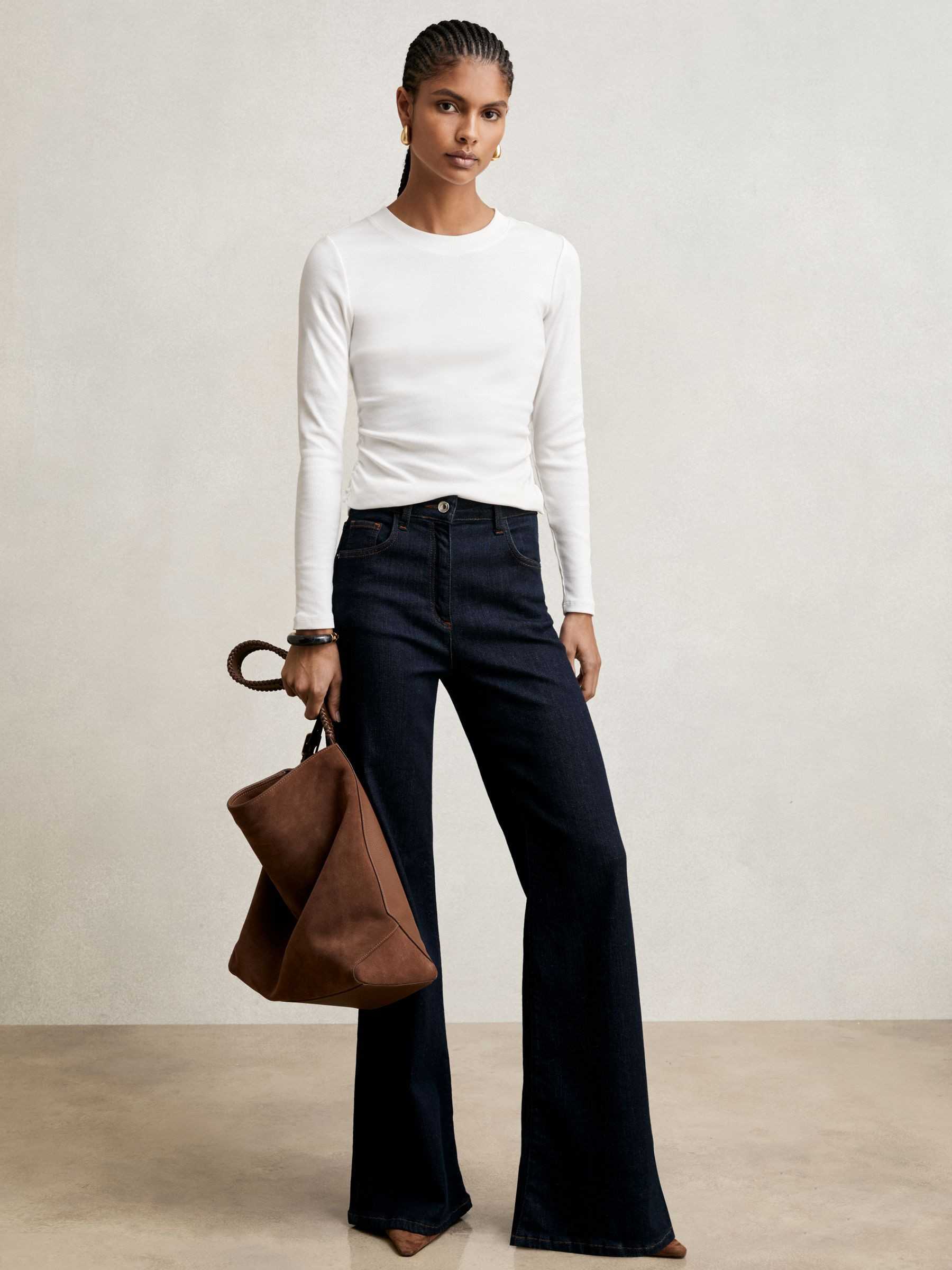 Cotton Long-Sleeve Ruched T-Shirt with Stretch in White | Reiss UK
