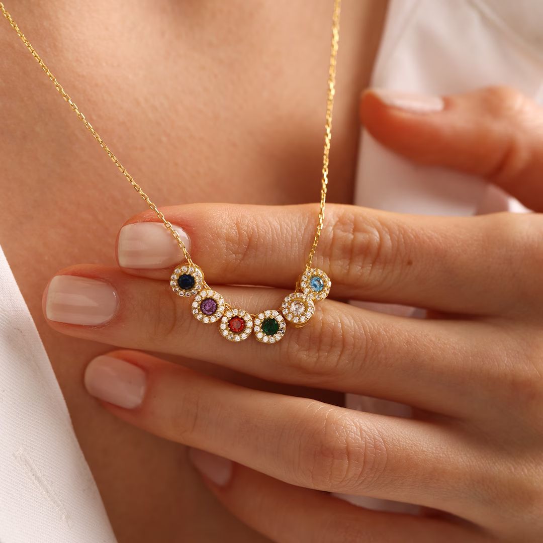 14K Gold Family Birthstone Necklace, Birthstone Jewelry, Birthstone Gift, Christmas Gift, Bridesm... | Etsy (US)