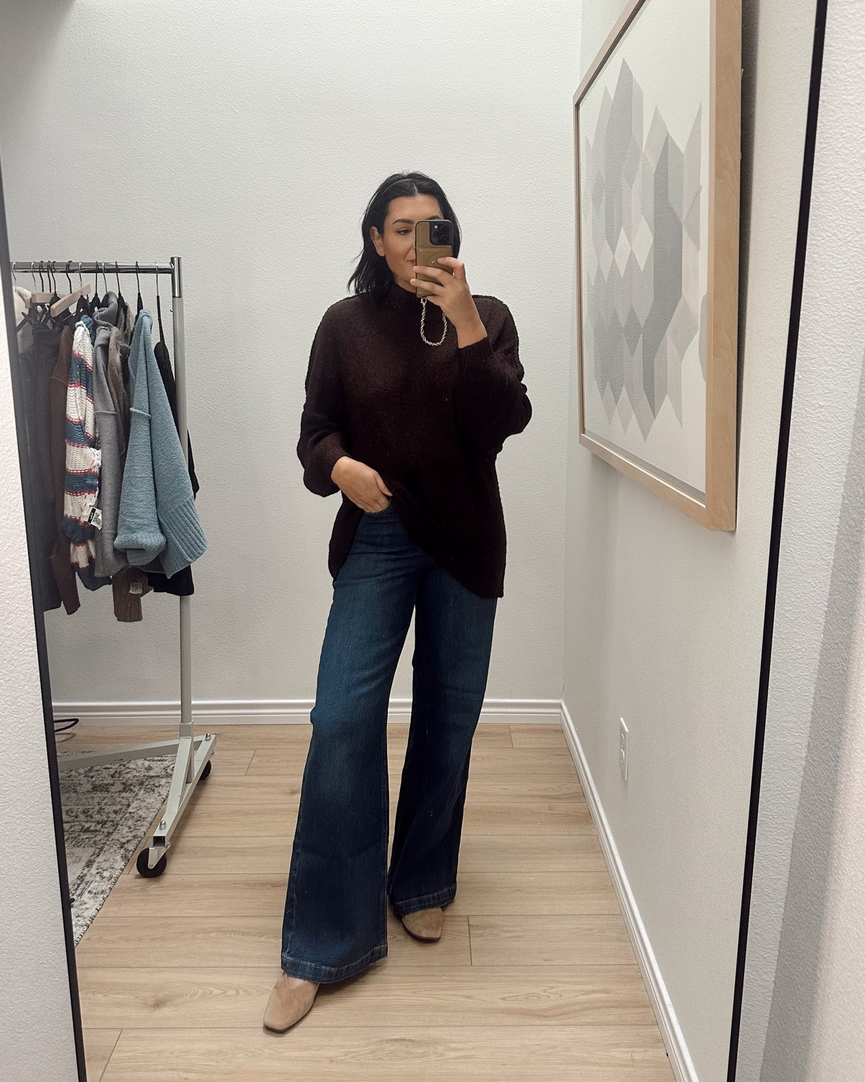 I'm in the medium of the sweater -- runs big! 

I'm in the 30 of the jeans, regular length. On sale for $35 today! 

 