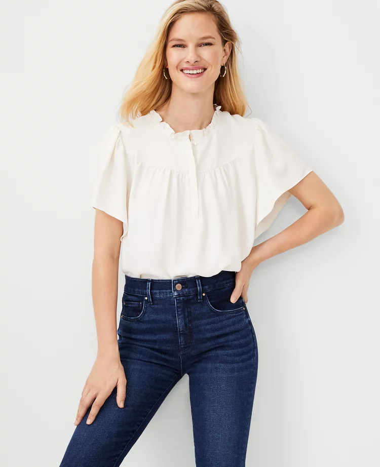 Mixed Media Ruffle Neck Top | Ann Taylor (US)