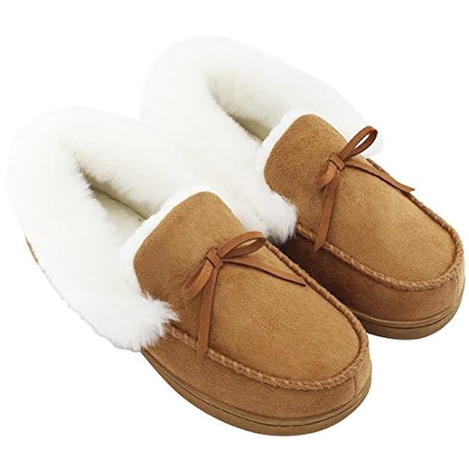 HomeIdeas Women's Faux Fur Lined Suede House Slippers, Breathable Indoor Outdoor Moccasins | Amazon (US)