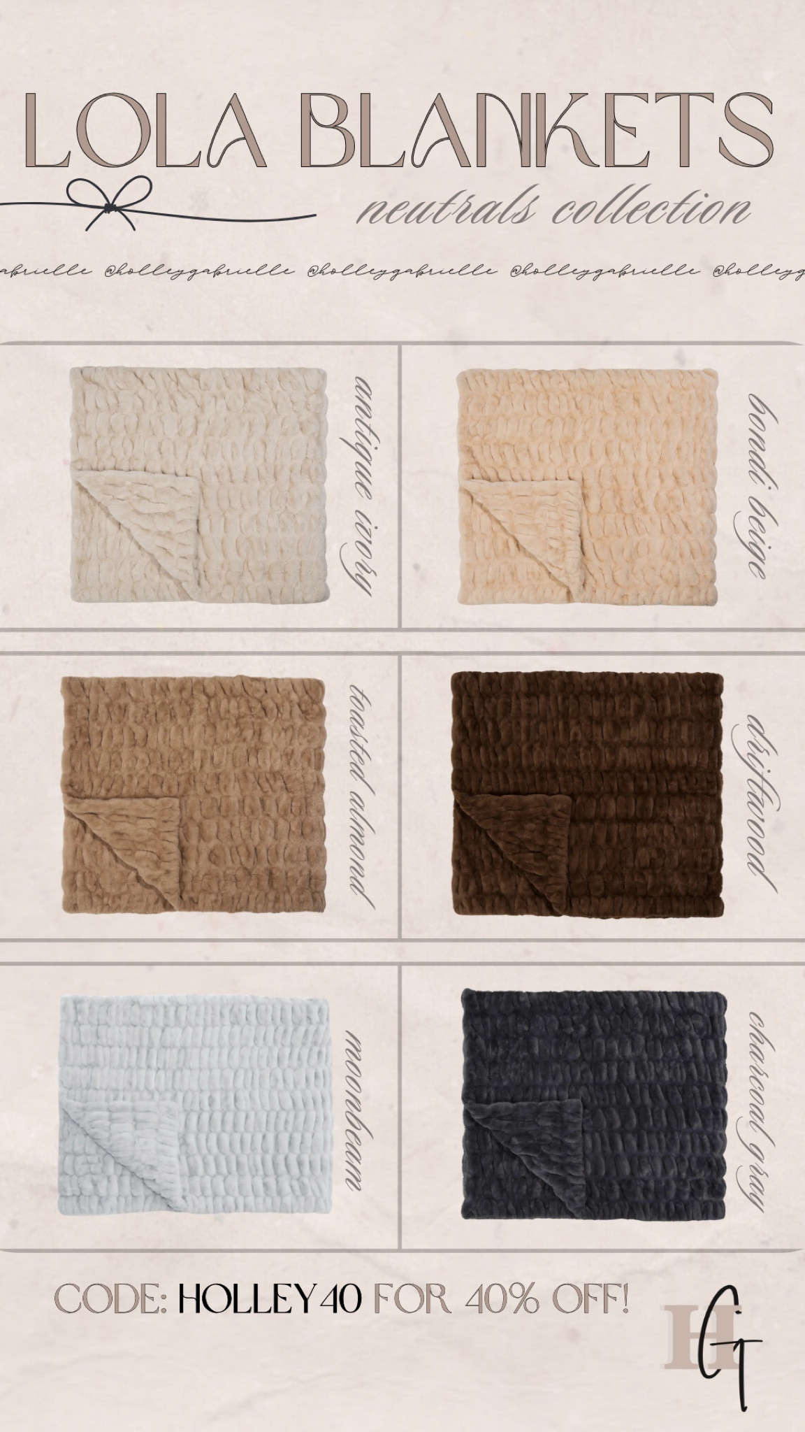 Fave blankets just dropped a new NEUTRALS collection 🤎🧸 these are all over our house & the BEST gift!!! My code HOLLEY40 Saves ya 40% off 👏🏼

The colors are BEAUTIFUL! 

Lola blankets / sale / cozy / home finds / Holley Gabrielle 

#LTKFamily #LTKSaleAlert #LTKHome
