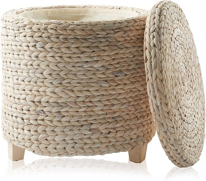 Casafield 17" Round Storage Ottoman with Lid - Whitewash, Handwoven Water Hyacinth Footstool for ... | Amazon (US)