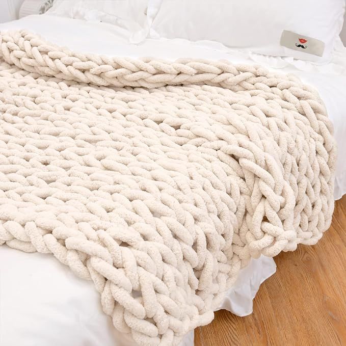 Chunky Knit Throw Blanket,Soft Chenille Yarn Big Knitted Throw Blanket , 100% Hand Knit,Couch Thr... | Amazon (US)