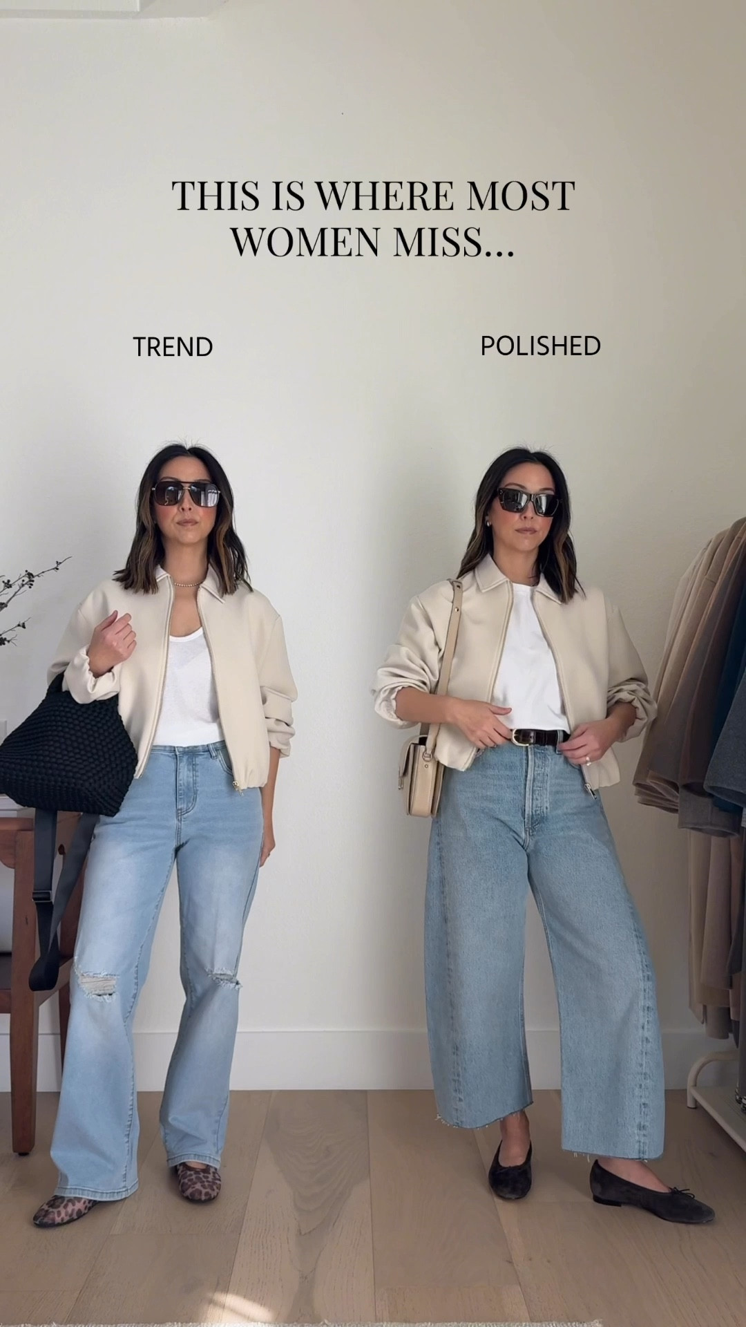 Are you choosing the right pieces? Trend vs. Polished. I can't stress enough how important it is to pick the right pieces to achieve the desired look. 

Outfit details

Zara jacket small
Madewell tee xs
AGOLDE Luna curve jeans 25 - cut hems
J.Crew belt
Madewell flats 5.5
Sezane Milo bag - color is old
Celine sunglasses
Quince earrings
Dorsey James necklace 15"

#LTKPetite #LTKmomlife