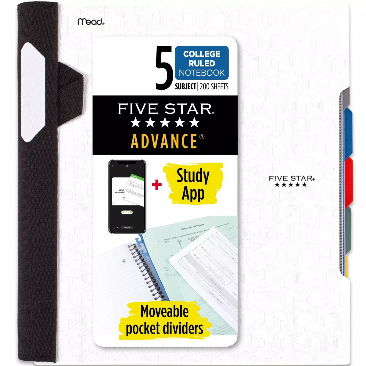 Five Star 200 Sheets 5 Subject College Ruled Spiral Notebook with Pocket Dividers White: School S... | Target