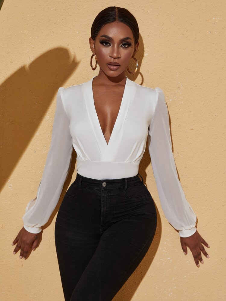 Plunging Neck Split Sleeve Plicated Bodysuit | SHEIN