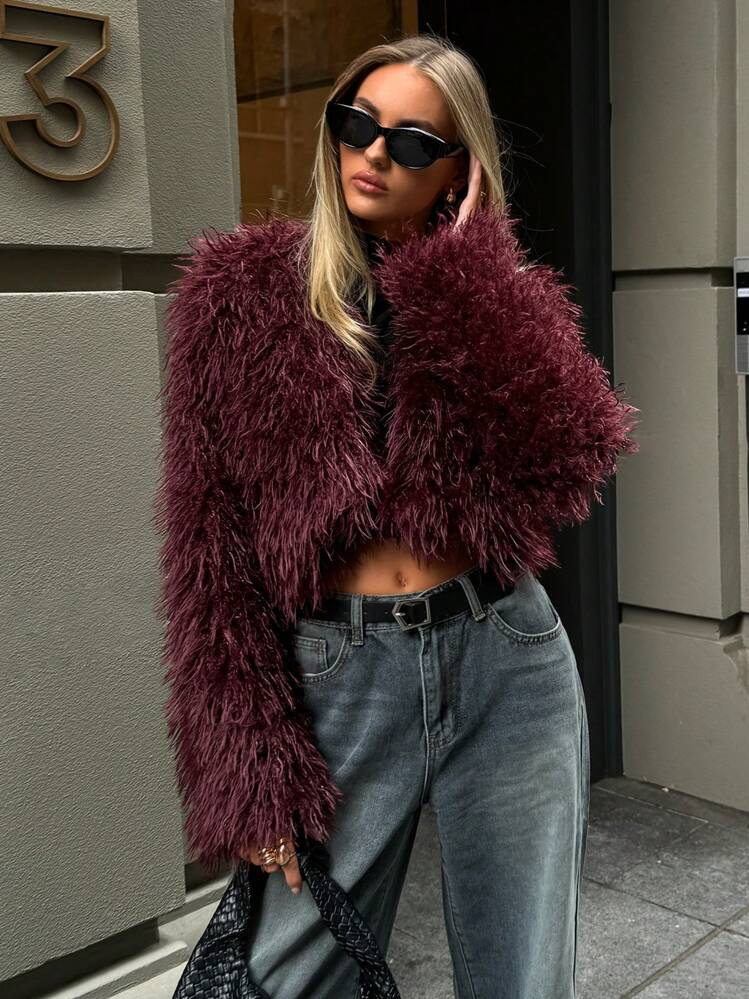 Aloruh Women's Fashionable Sexy Short Fluffy Coat Long Sleeve Warm Coat Burgundy Fur Coat Teddy C... | SHEIN