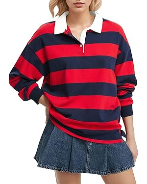 Women Long Sleeve Striped Polo Shirt Oversized Collar Y2k Pullover T Shirt Casual Loose Streetwea... | Amazon (US)