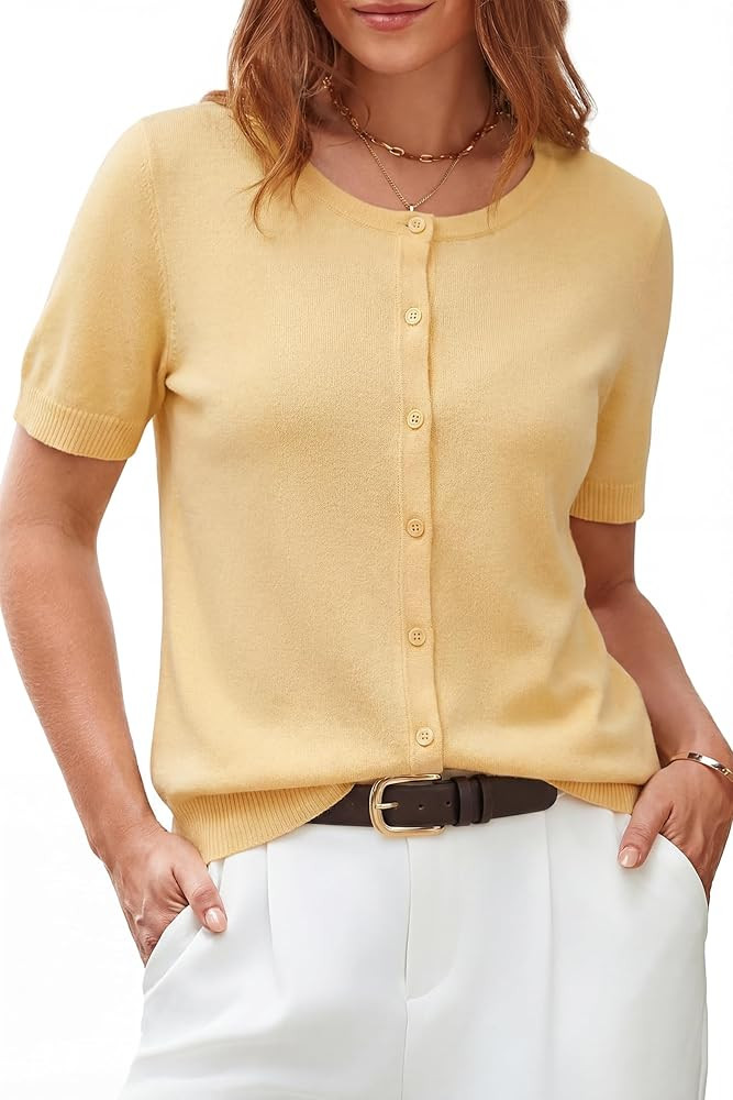 Arach&Cloz Women's Wool Blend Cropped Lightweight Short Sleeve Business Casual Cardigan Tops | Amazon (US)