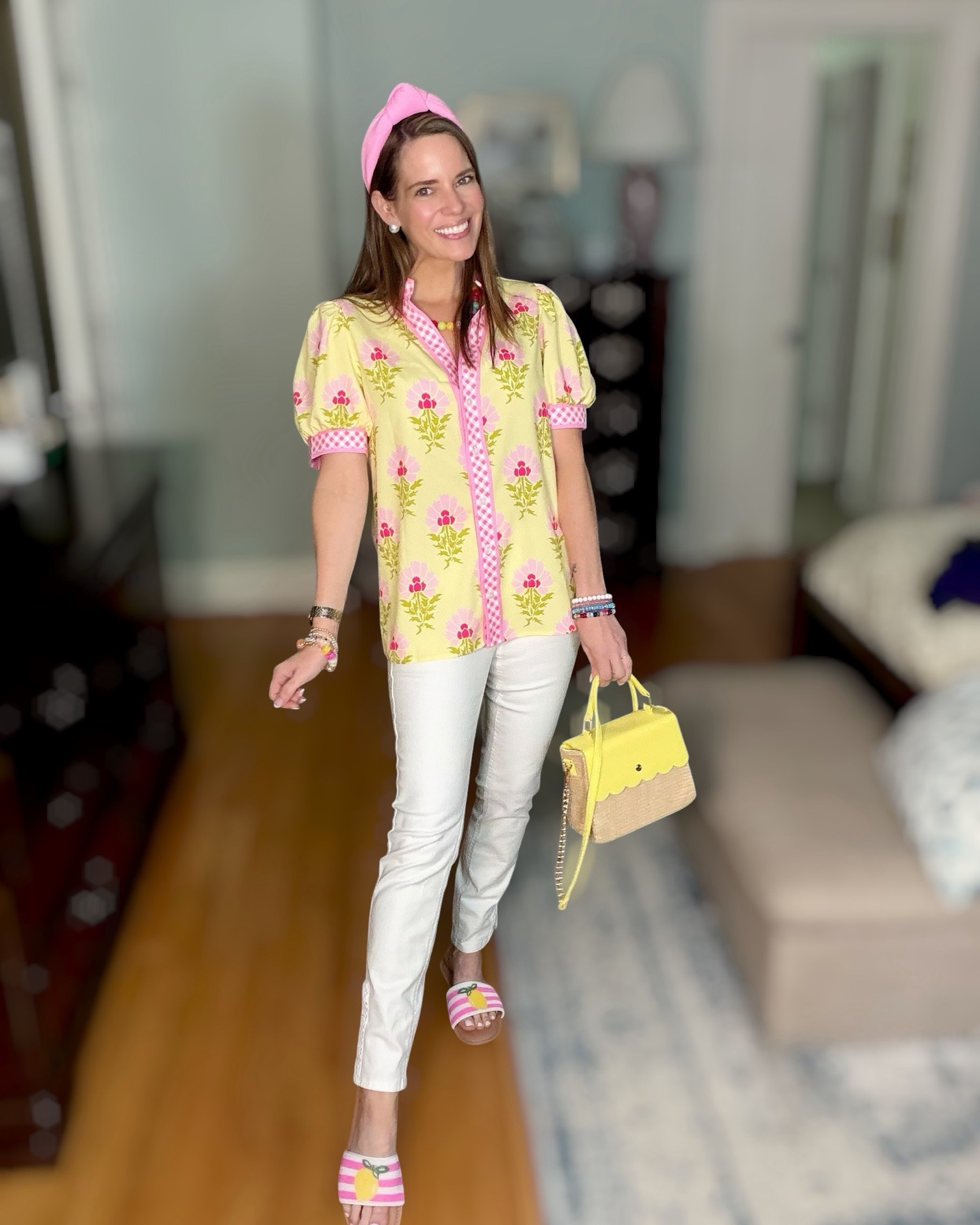 Pink & Yellow Summer Outfit 💖🍋✨

The happiest color combo for summer 🌸☀️ This printed puff sleeve top is such a fun statement piece paired with crisp white pants and the cutest pink + yellow accessories! Love how the gingham trim ties everything together for an elevated but playful look. Finished it off with colorful beaded jewelry, a pink headband, striped sandals, and a woven handbag for the ultimate preppy summer vibe 💕✨

Colorful summer outfit, pink and yellow outfit, preppy summer style, puff sleeve top, white pants outfit, colorful accessories, pink headband, summer sandals, woven handbag, grandmillennial style, feminine summer fashion, bright outfit inspiration 💖🍋🌸

#LTKOver40 #LTKootd #LTKPetite