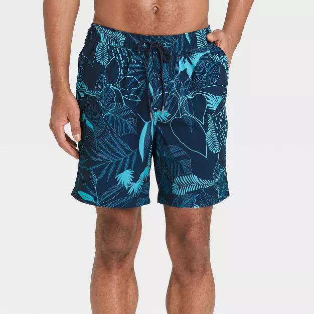 Men's 7" Line Leaf Swim Trunk with Liner - Goodfellow & Co™ Blue | Target