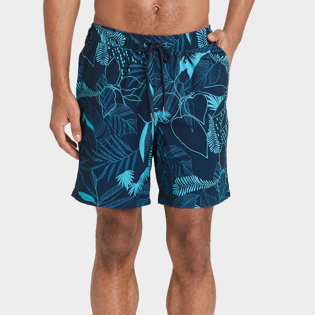 Men's 7" Line Leaf Swim Trunk with Liner - Goodfellow & Co™ Blue | Target