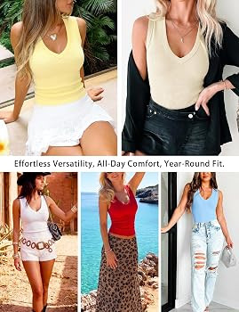 Prettywear Deep V Neck Tank Tops for Women 2026 Summer Fashion Clothes Sexy Casual Ribbed Fitted ... | Amazon (US)