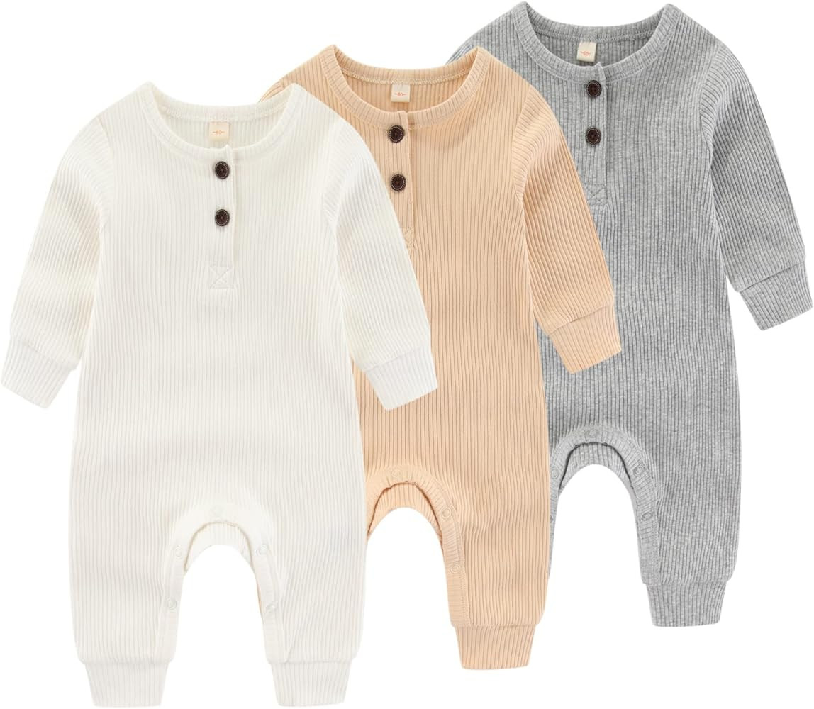 IADOER Newborn Baby Boys Girls One Piece Romper With Mitten Cuffs 3 Pack Long Sleeve Ribbed Butto... | Amazon (US)