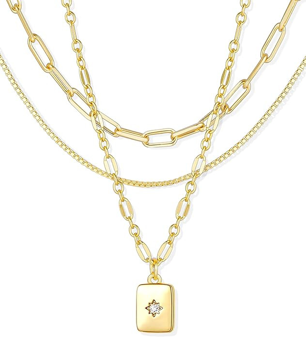 YEEZII Layered Gold Necklaces for Women Trendy, 3 Pcs 14K Gold Plated Choker Paperclip Box Chain ... | Amazon (US)