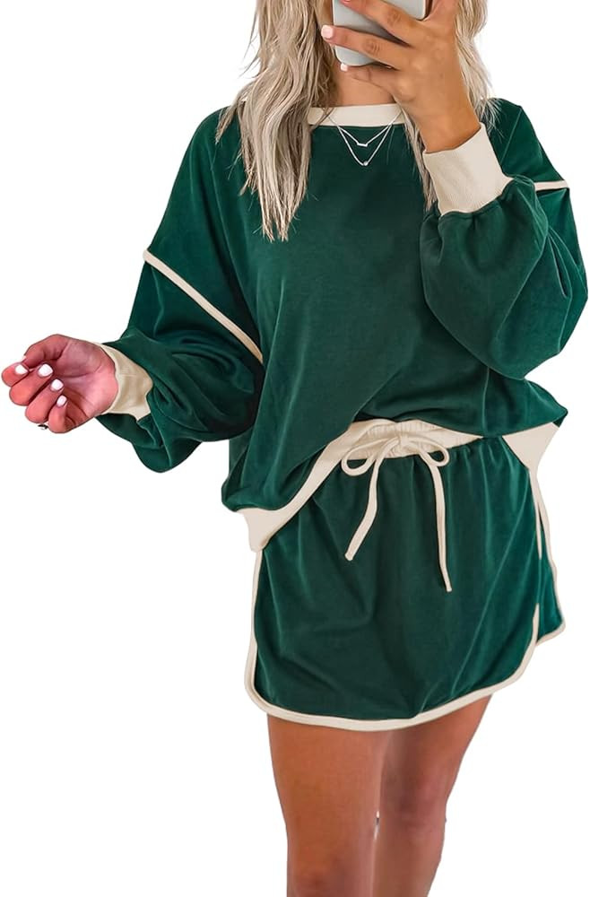 miduo Womens Color Block Casual Long Sleeve Sweatshirt and Drawstring Mini Skirt Matching Sets 2 ... | Amazon (US)