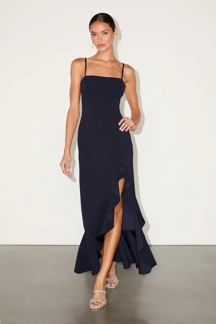 Iveta Navy Cutout Ruffled Sleeveless Midi Dress | Lulus