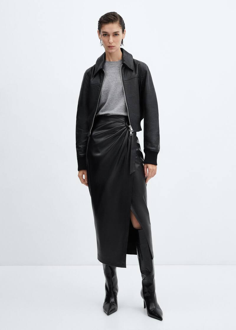 Draped leather-effect midi-skirt -  Women | Mango USA | MANGO (US)