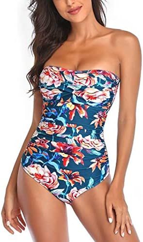 Smismivo Women's Strapless One Piece Swimsuit Ruched Padded Bandeau Bathing Suit Sexy Slimming Tu... | Amazon (US)