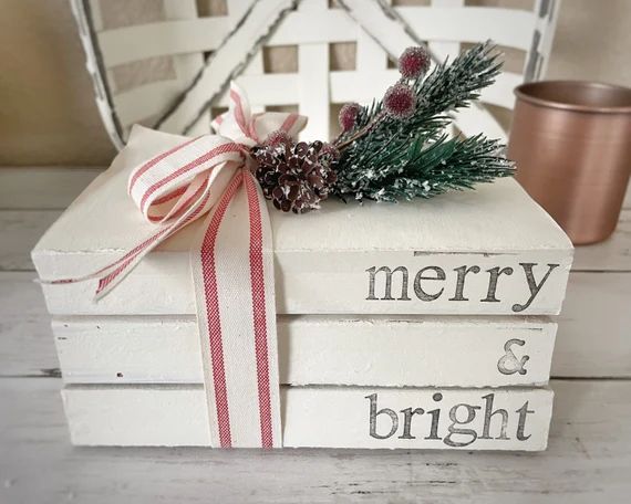Christmas Book Stacks| custom holiday decor| Christmas gift| farmhouse books | Etsy (US)