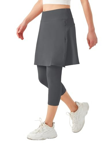 BELEROY Skirted Leggings for Women,Knee Length Leggings with Skirt Tennis Golf Athletic Skirt Legging with Zipper Pockets（Grey,XXL） | Amazon (US)