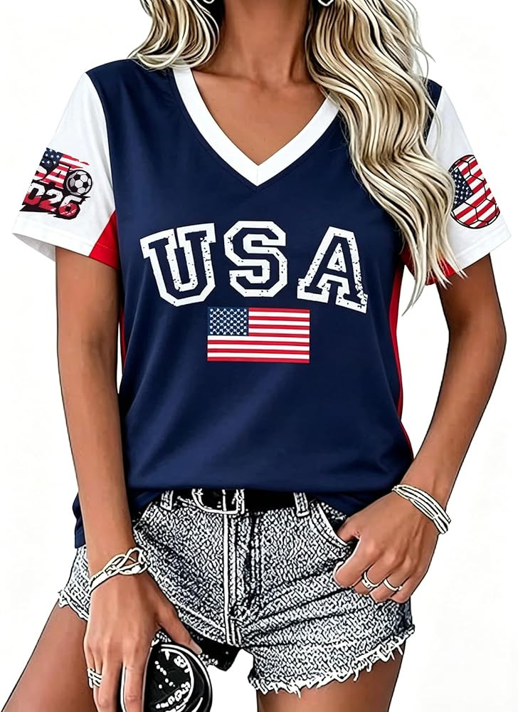 Soccer Shirt 2026 Women USA Soccer Jersey Game Day T-Shirt Funny Soccer Graphic Y2k V Neck Short ... | Amazon (US)
