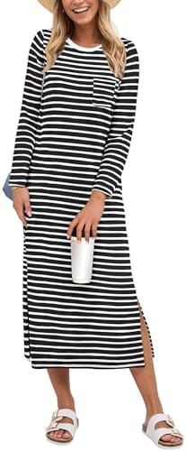 ANRABESS Womens 3/4 Sleeve Striped Slit Midi T Shirt Dresses 2026 Summer Casual Beach Vacation Cl... | Amazon (US)