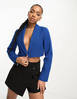 Miss Selfridge cropped blazer in blue check - part of a set | ASOS (Global)