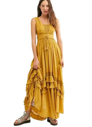 Women's Beach Sleeveless Cotton Dresses Boho Style Solid Color Lace Ruffled Vestidos Yellow L | Amazon (US)