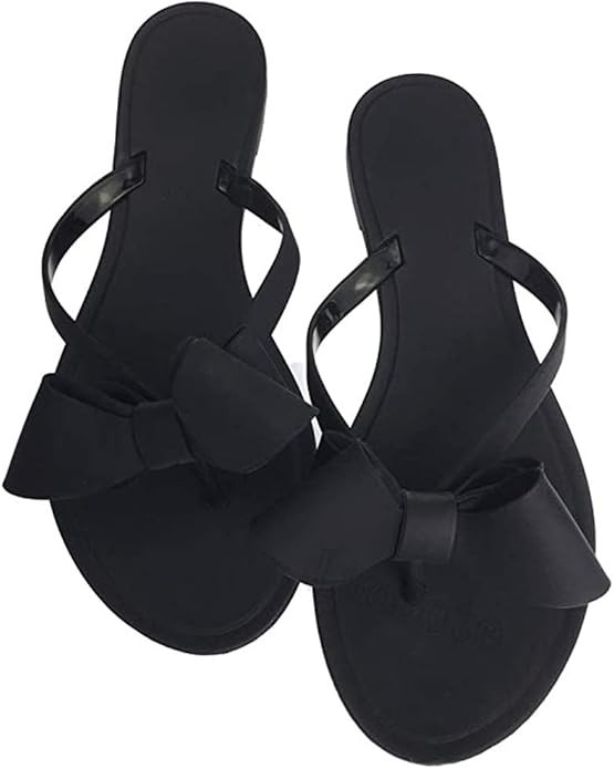 Women Flip-Flops Pearls Bow Sandals Beach Flat Rivets Rain Jelly Gold Pearls | Amazon (US)