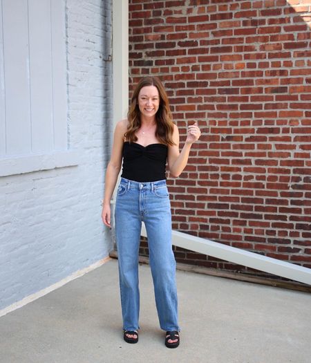 Go-to date night outfit 
•
•
Black strapless top, Abercrombie, denim, 90s jeans, high rise jeans

#LTKSale