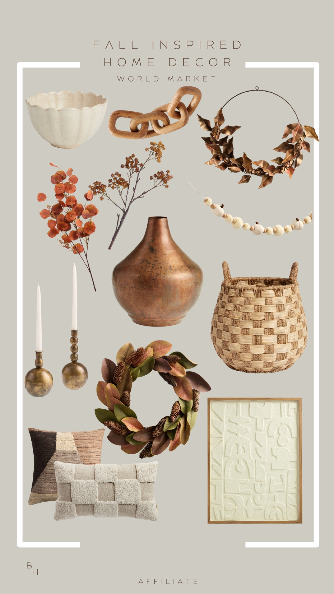 Fall inspired home decor at world market, world market, framed canvas, magnolia wreath, faux leaves, organic home, modern home, world market decor, neutral pillows, fall home decor. 

#LTKStyleTip #LTKSeasonal #LTKFindsUnder100