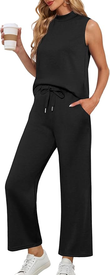 Lepunuo Two Piece Sets for Women Summer Mock Neck Sleeveless Top Wide Leg Pants Lounge Sets Vacat... | Amazon (US)