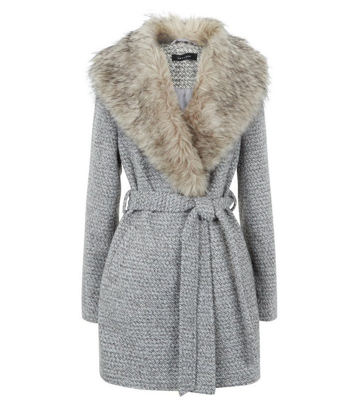 Light Grey Flecked Faux Fur Collar Belted Coat | New Look | New Look (UK)