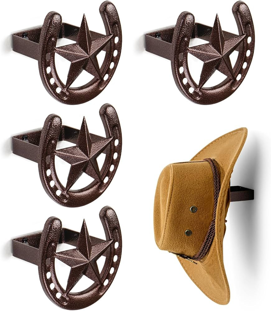 Cowboy Hat Rack for Wall, 4 Pack Iron Horseshoe Star Hooks, Bronze | Amazon (US)