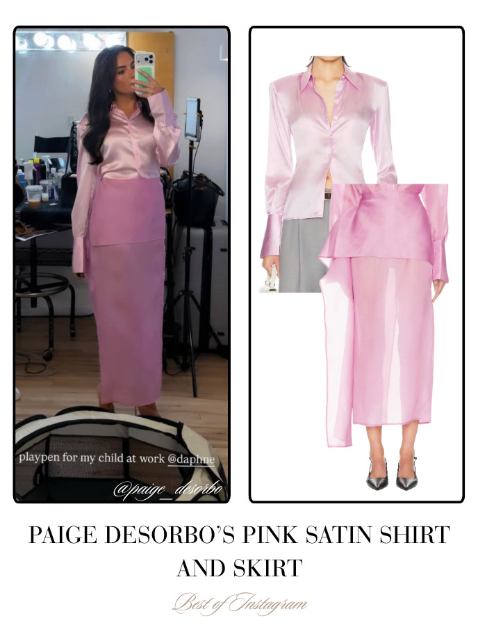 Paige DeSorbo's Pink Satin Shirt and Skirt 📸= @paige_desorbo 

 