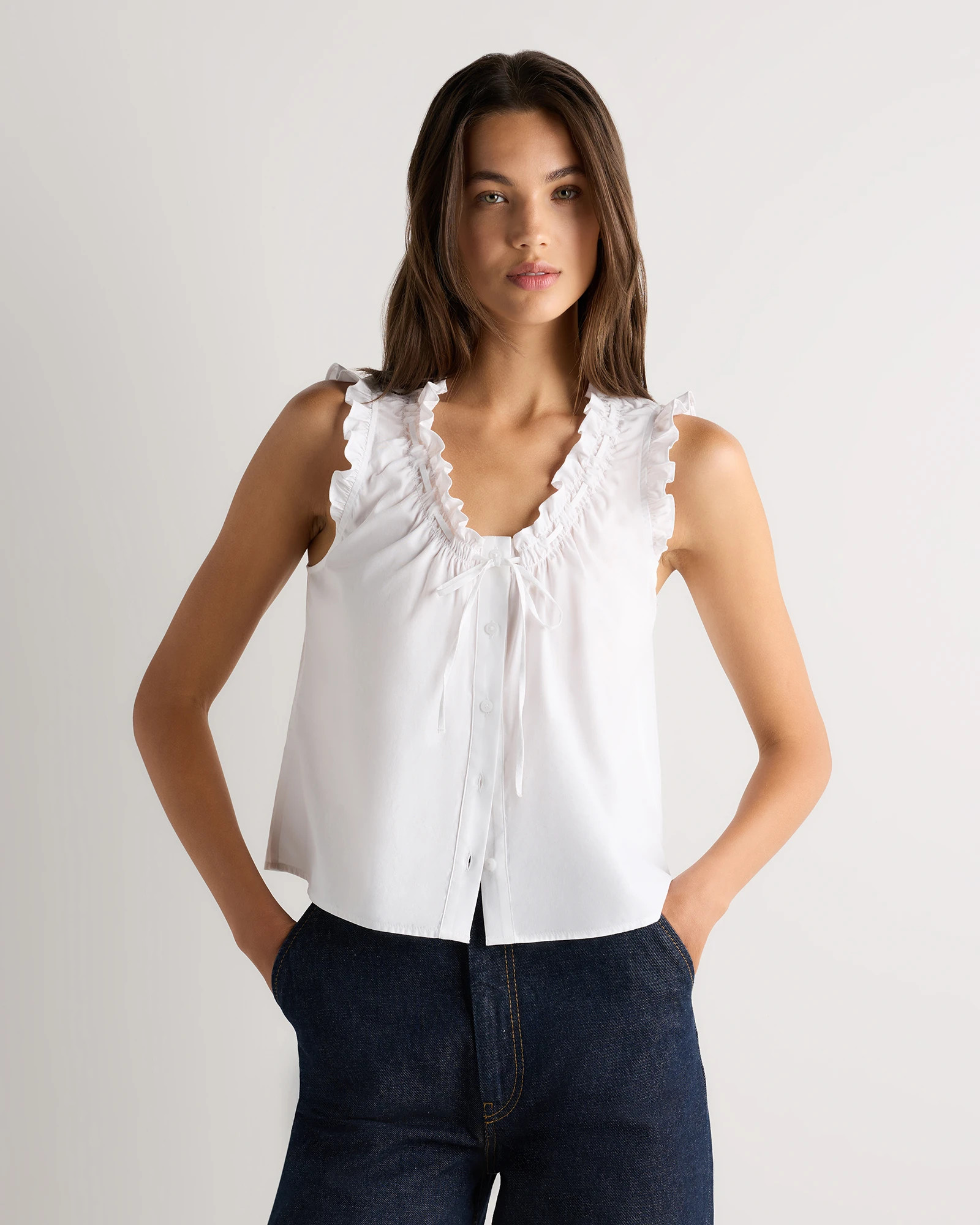 Quince | Women's Cotton Viscose Voile Ruffle Trim Tank Top in Classic White, Size XS, Organic Cotton | Quince