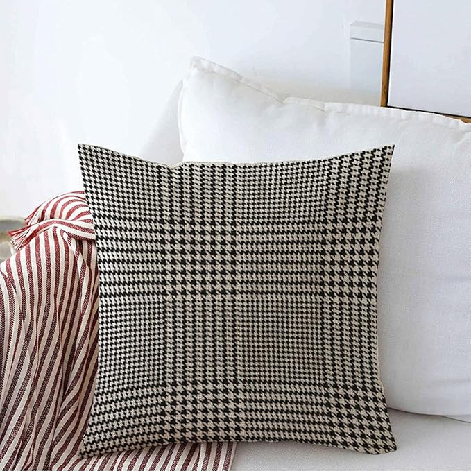 Decorative Square Throw Pillow Cover Tartan Houndstooth Geometric Hounds Tooth Pattern in Black W... | Amazon (US)